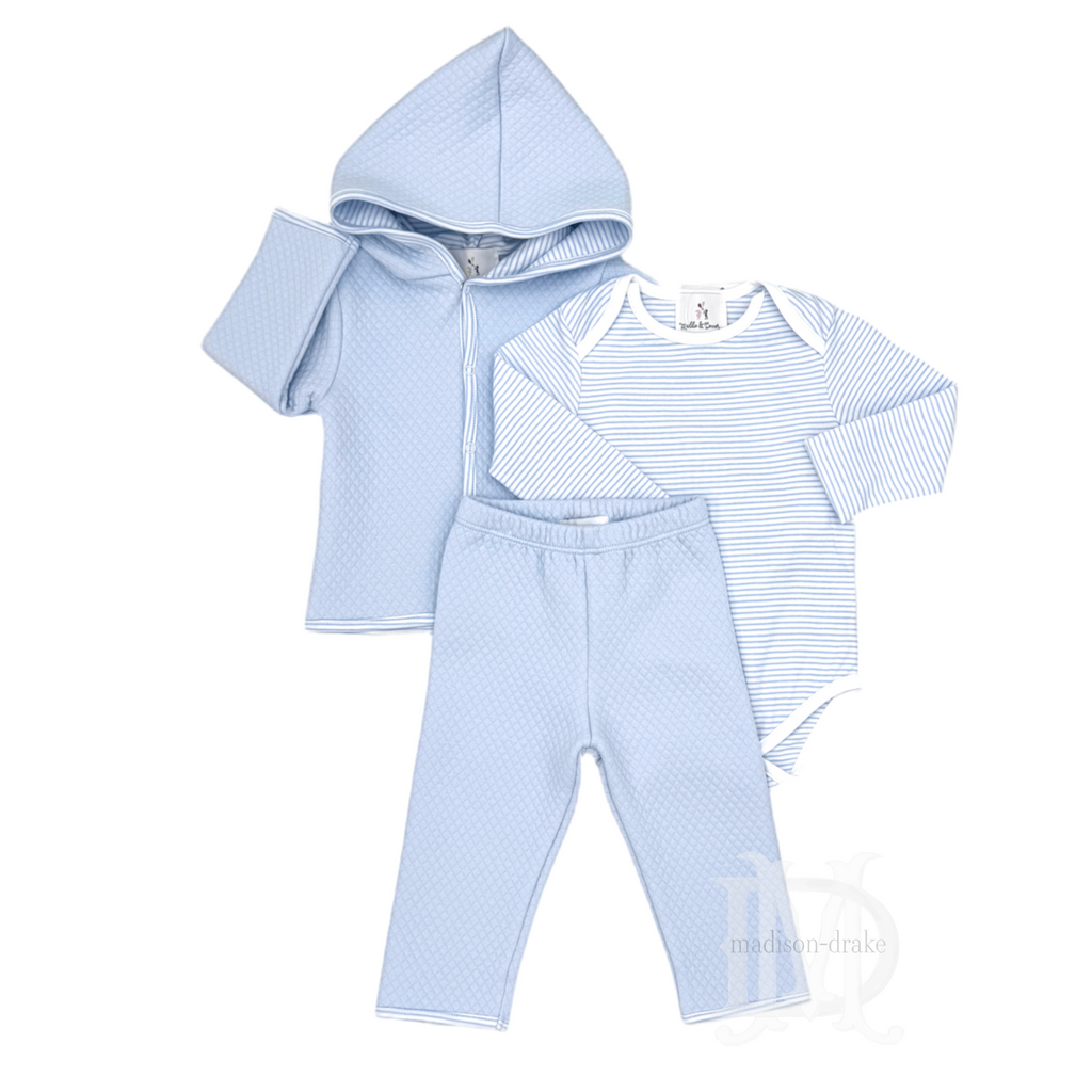 Baby boy’s light blue quilted pant set with a hoodie, striped onesie, and pants.