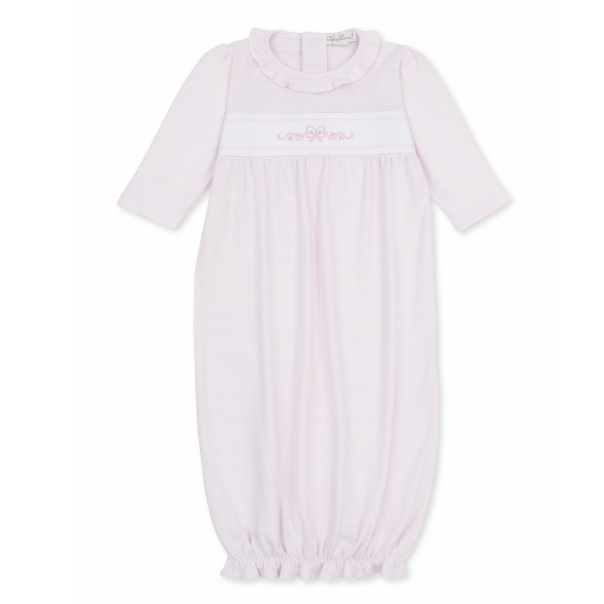 A girl’s long-sleeve baby sack in pale pink and white stripes, featuring a ruffled collar and pink bow and floral embroidery.