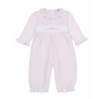 A girl’s long-sleeve baby romper in pale pink and white stripes, featuring a ruffled collar and cuffs with pink bow and floral embroidery.