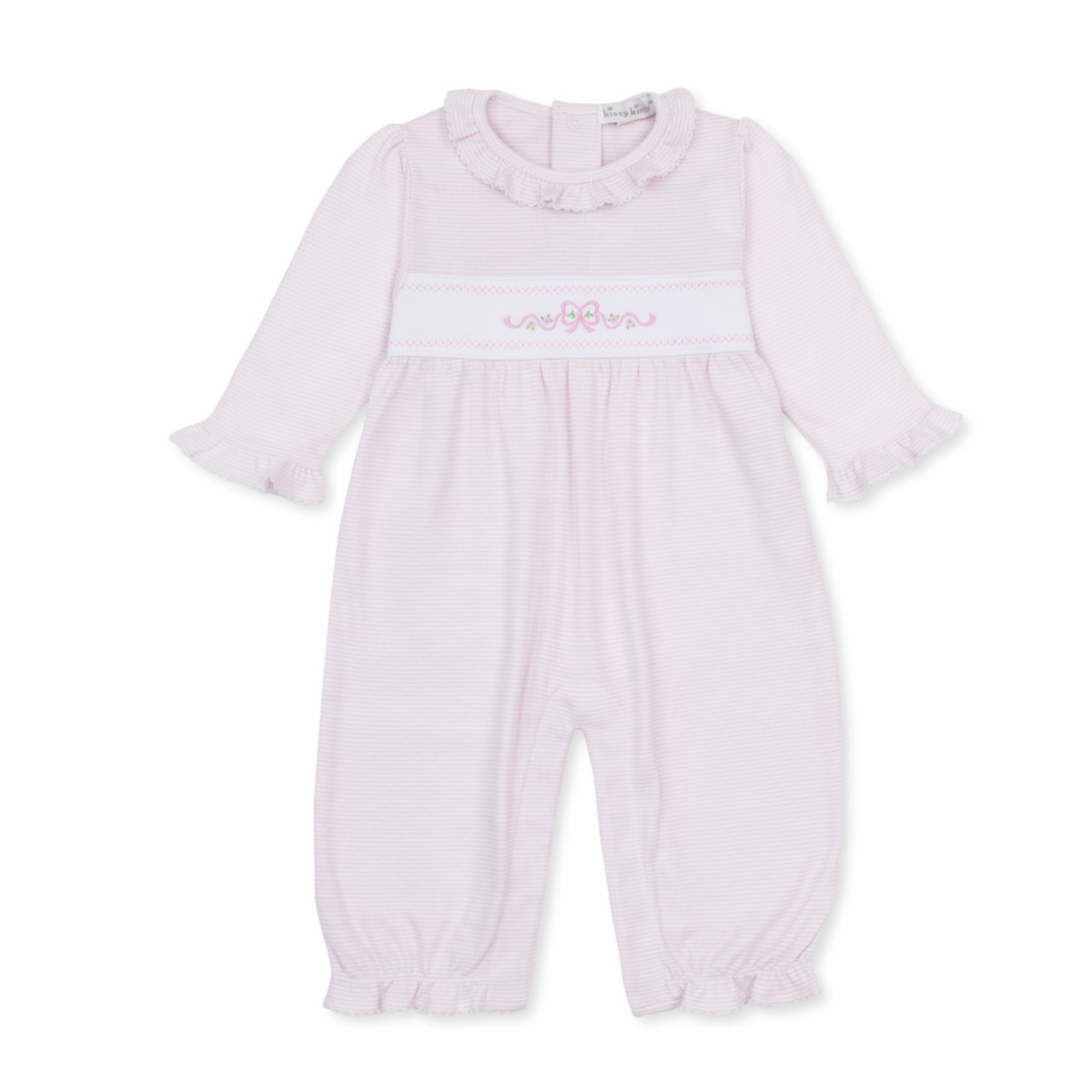A girl’s long-sleeve baby romper in pale pink and white stripes, featuring a ruffled collar and cuffs with pink bow and floral embroidery.