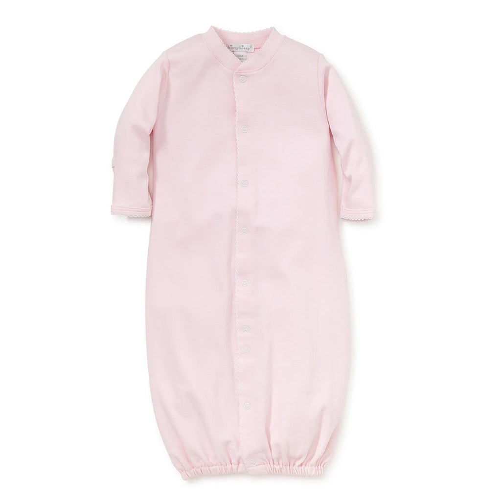 A light pink long-sleeve baby gown with white picot trim.