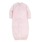 A light pink long-sleeve baby gown with white picot trim.