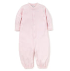 A light pink long-sleeve baby converter gown with white picot trim.