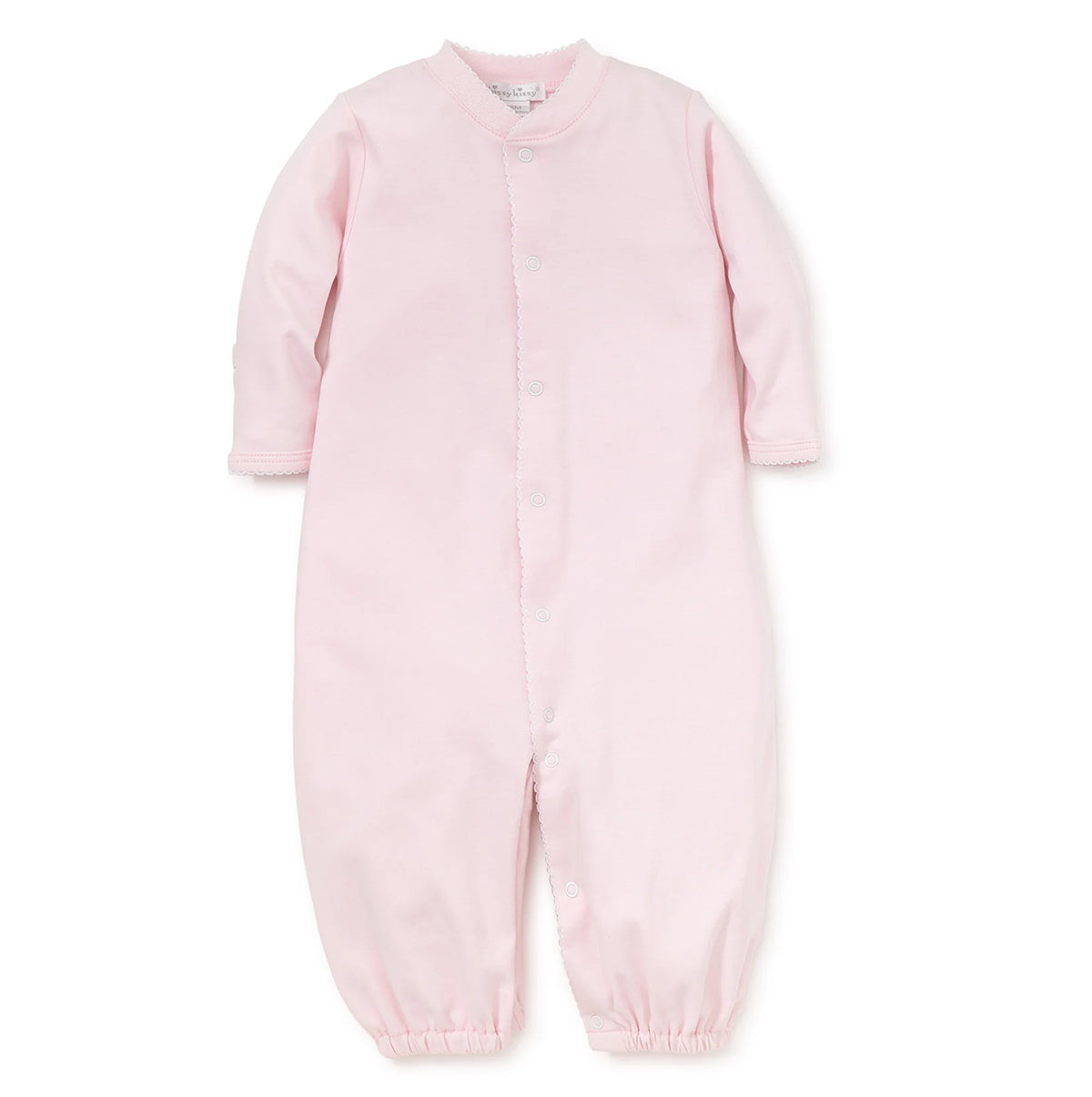 A light pink long-sleeve baby converter gown with white picot trim.