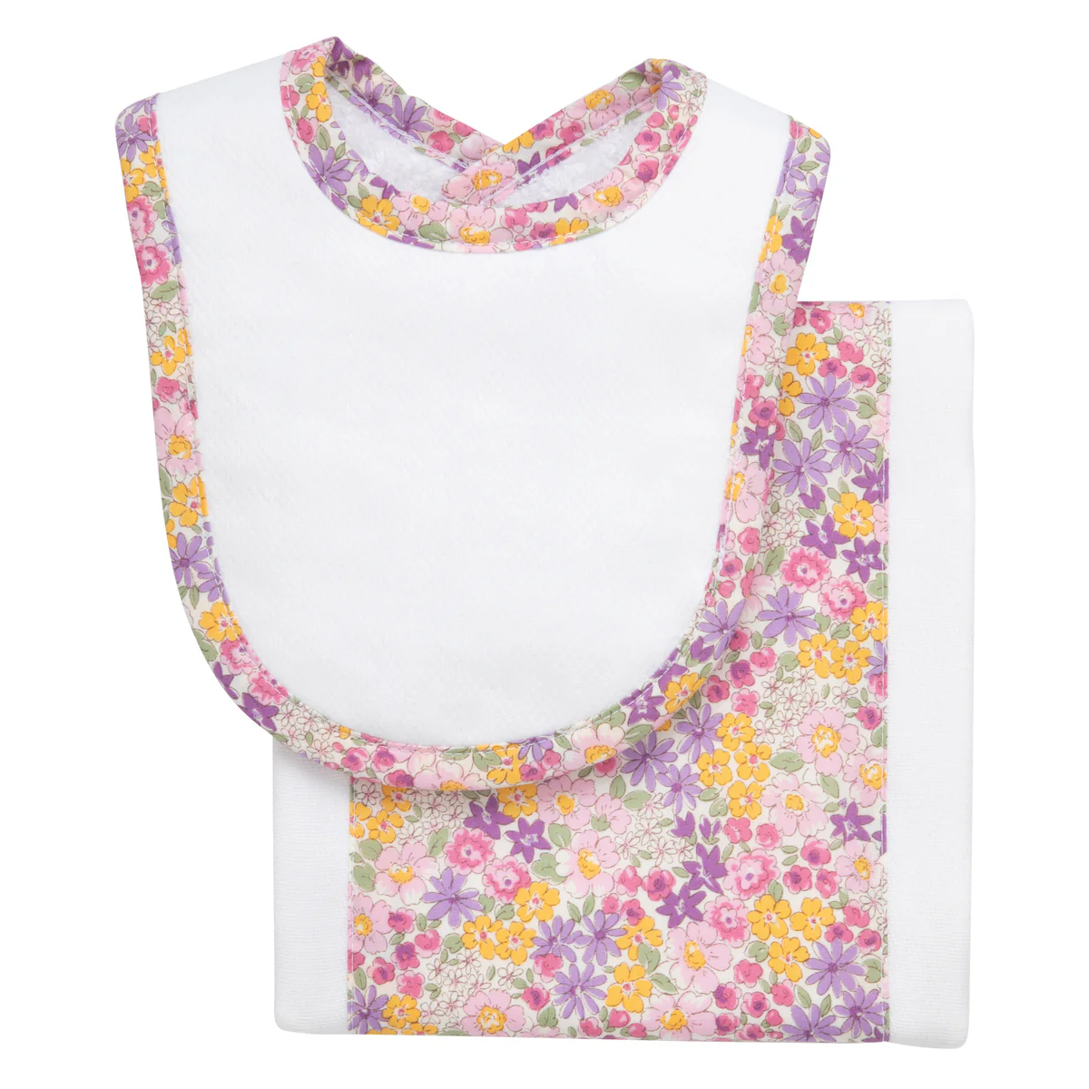 Lavender and pink floral-patterned baby bib and burp cloth set