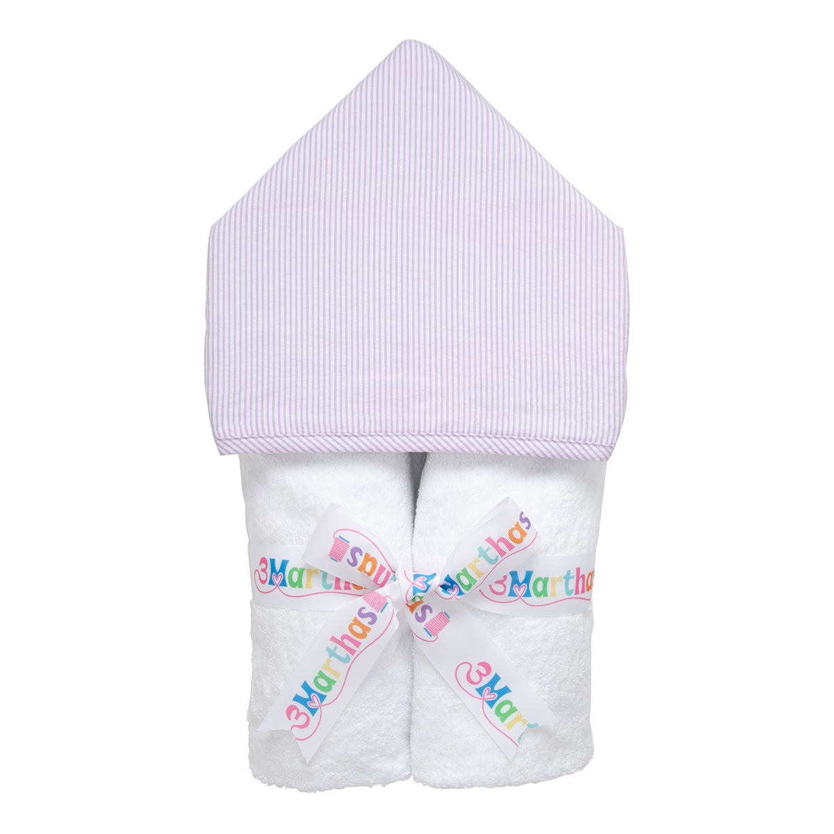 Lavender striped seersucker hooded kids towel with a 3 Marthas ribbon
