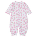 Baby girl converter gown with pink hydrangea floral pattern and Kissy Kissy brand label