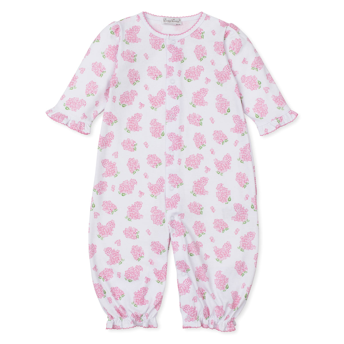 Baby girl converter gown with pink hydrangea floral pattern and Kissy Kissy brand label