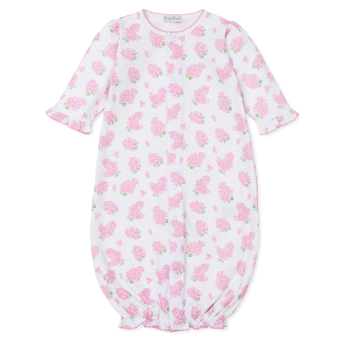 Baby gown with pink hydrangea floral pattern and Kissy Kissy brand label