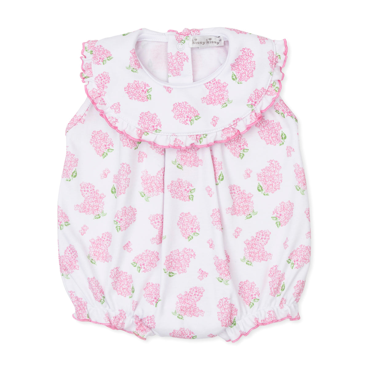 Baby girl knit bubble with pink hydrangea floral pattern and Kissy Kissy brand label