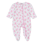Baby girl zip front footie with pink hydrangea floral pattern, ruffle trim, and Kissy Kissy brand label