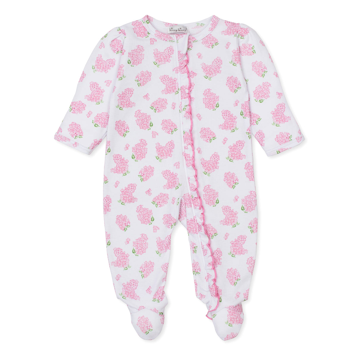 Baby girl zip front footie with pink hydrangea floral pattern, ruffle trim, and Kissy Kissy brand label