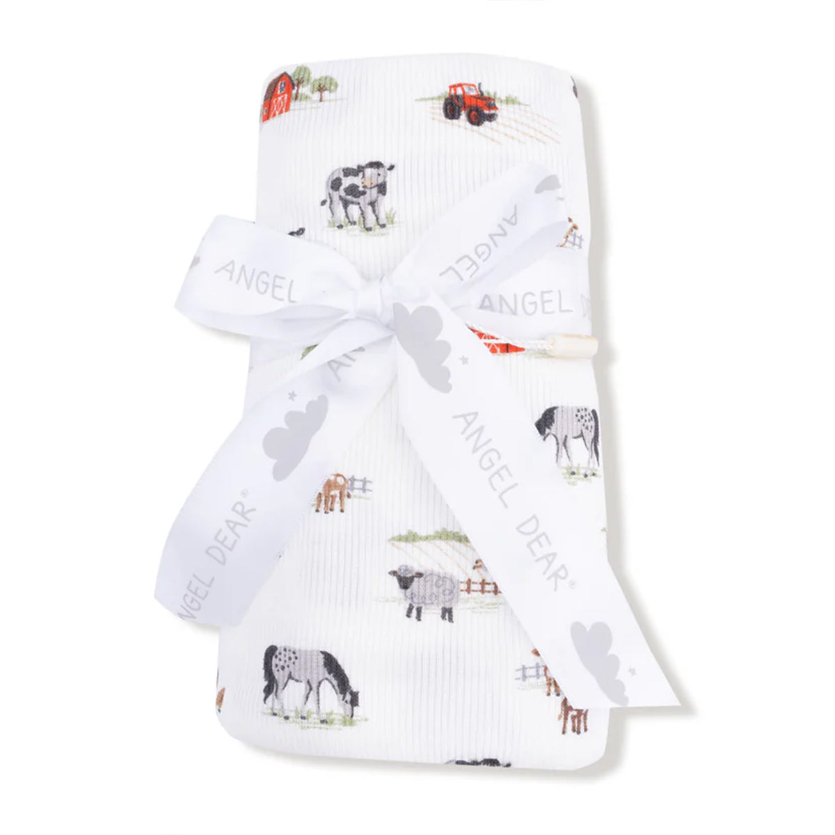 Baby swaddle blanket in ultra soft ribbed modal fabric with a farm animal print tied in a white 'Angel Dear' ribbon.