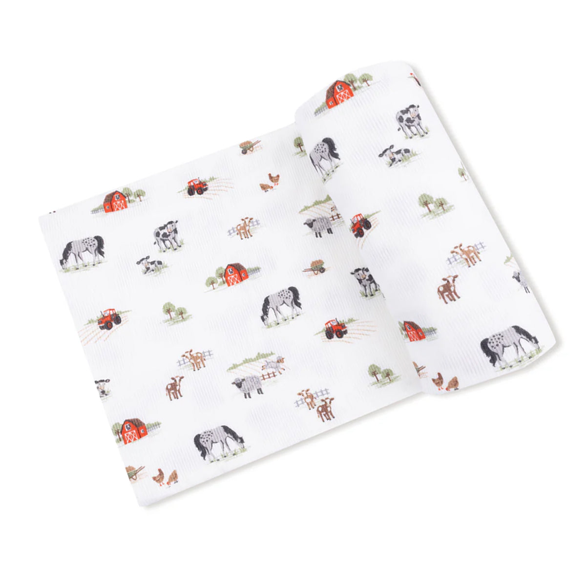 Baby swaddle blanket in ribbed modal ultra soft fabric with a precious farm animal pattern