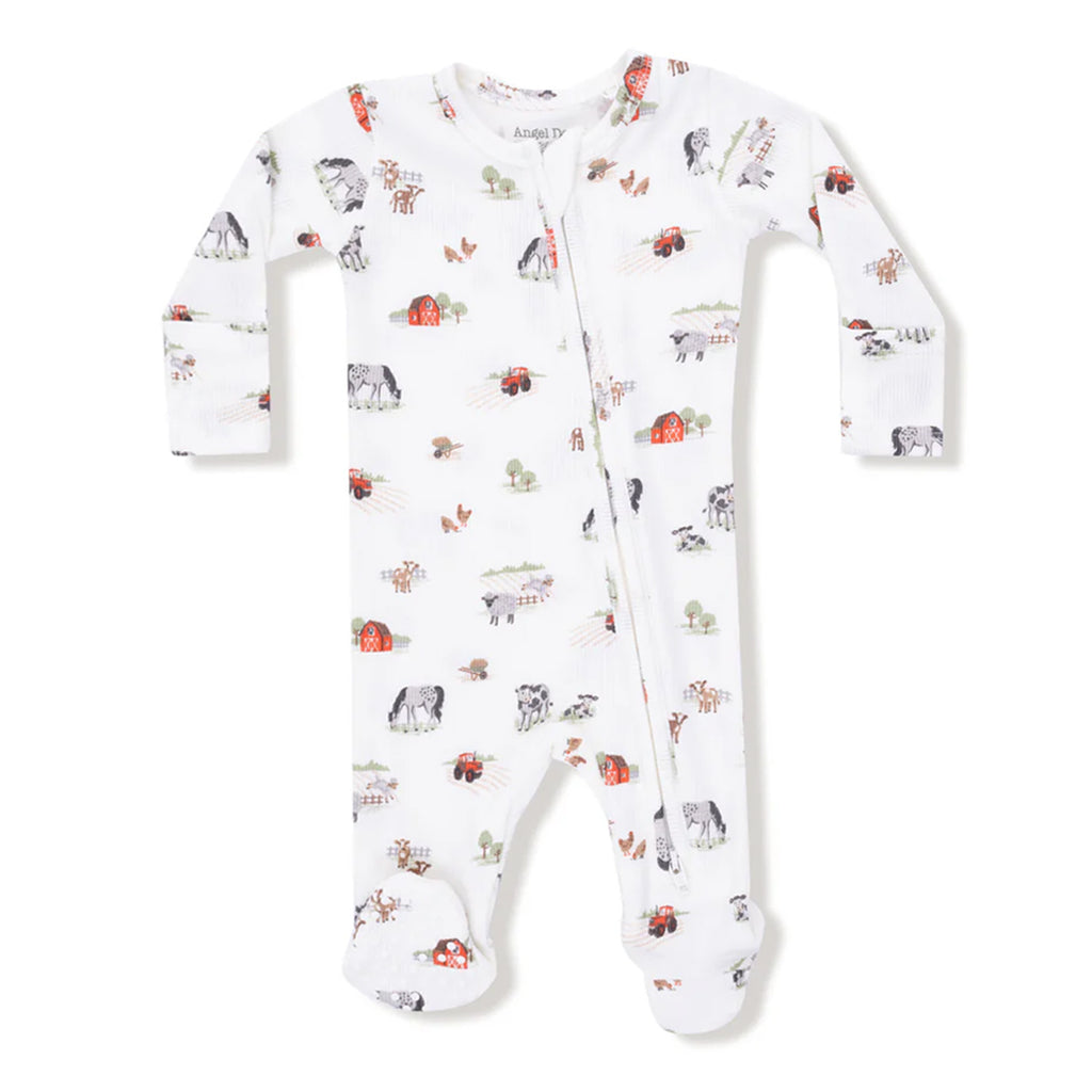 Baby boy zip front footed onesie with farm animal print.