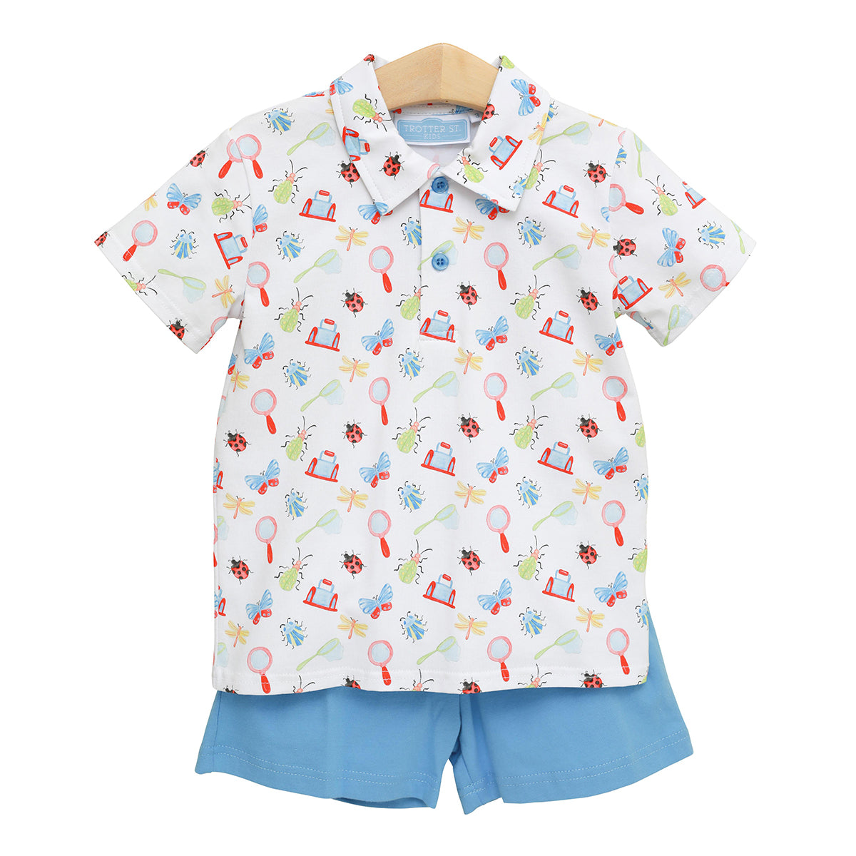 Boy's insect print polo shirt and blue shorts knit outfit.