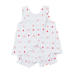 Back view of a girl's baseball print crossback bloomer set red and light blue outfit.