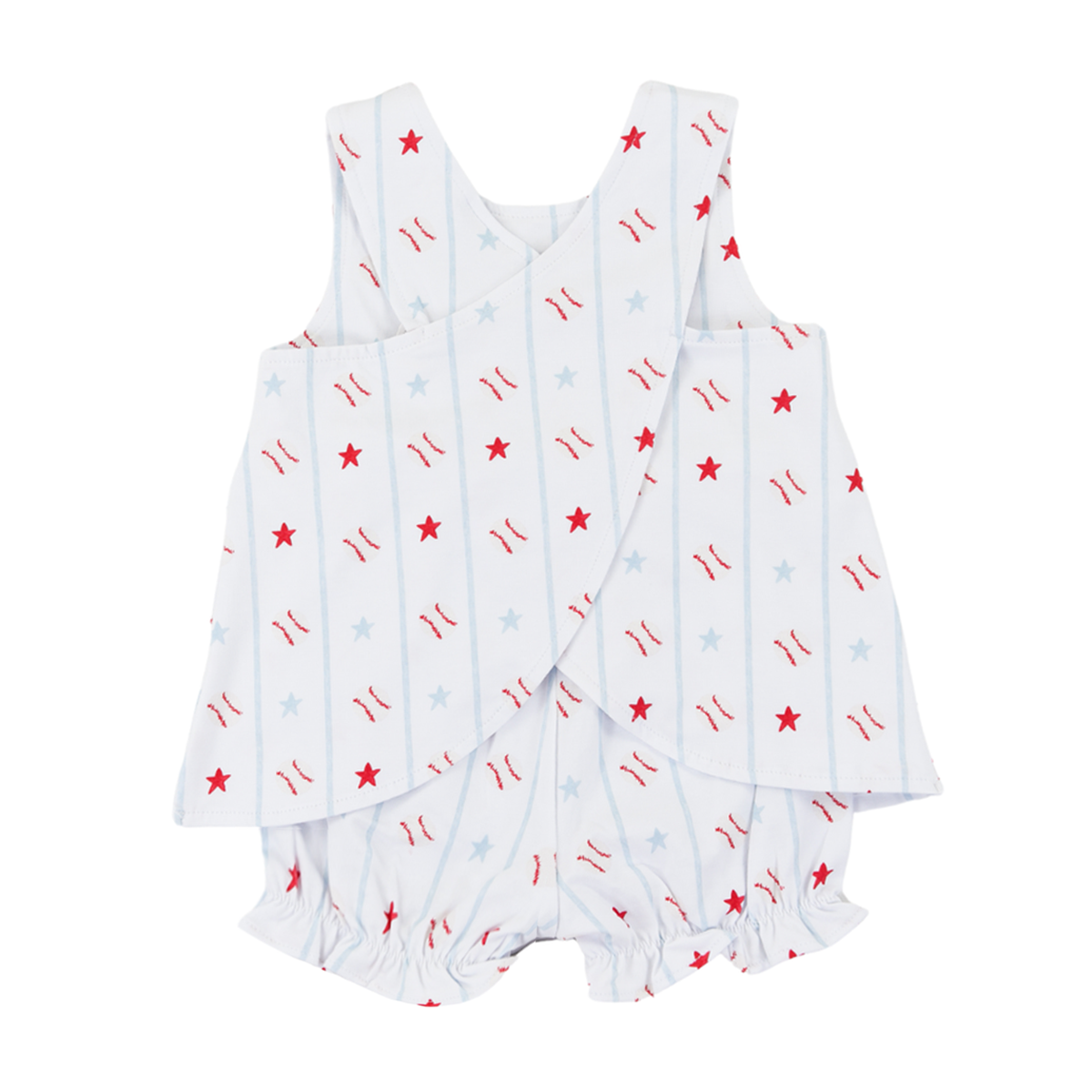 Back view of a girl's baseball print crossback bloomer set red and light blue outfit.