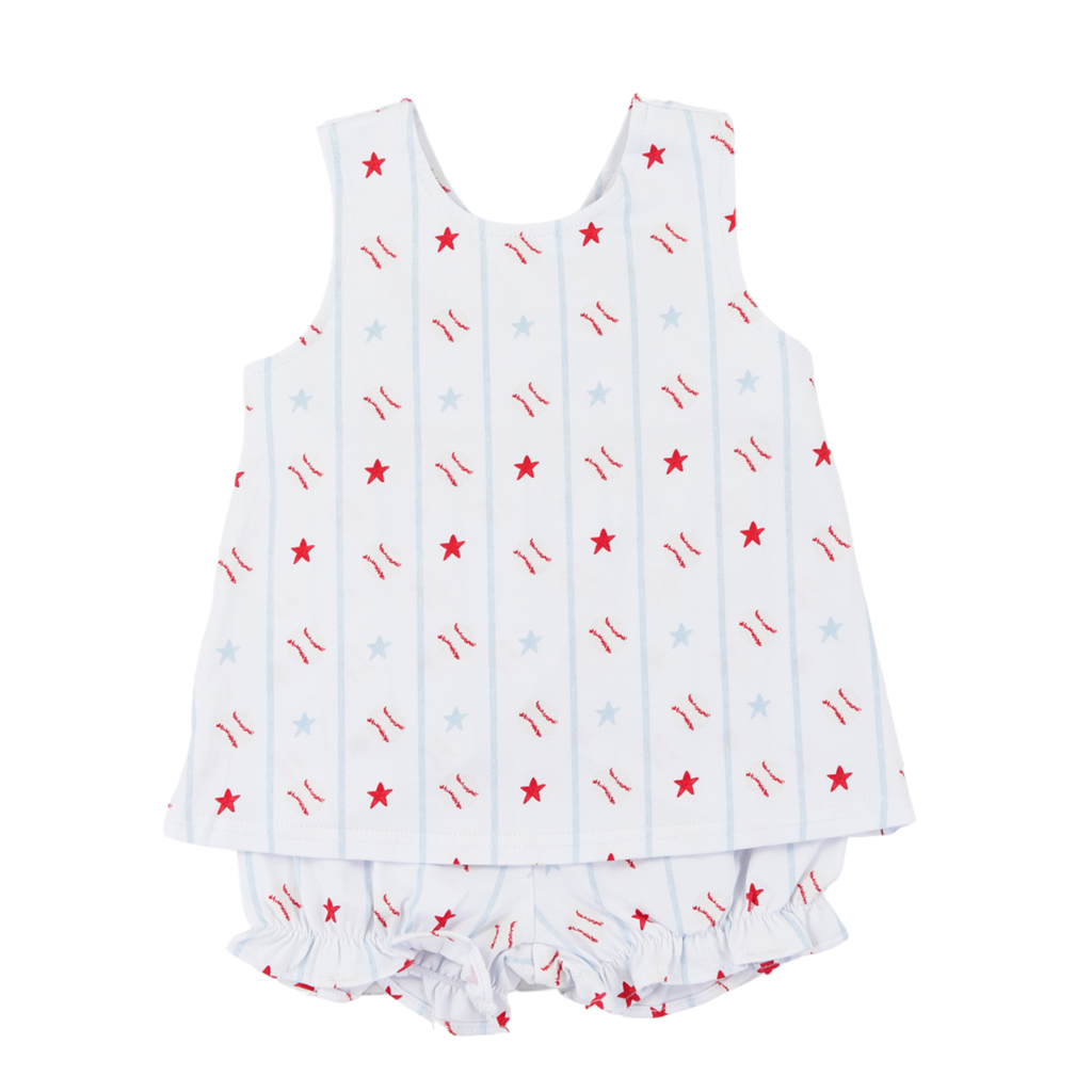 Baby girl baseball print crossback bloomer set red and light blue outfit.