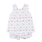 Baby girl baseball print crossback bloomer set red and light blue outfit.