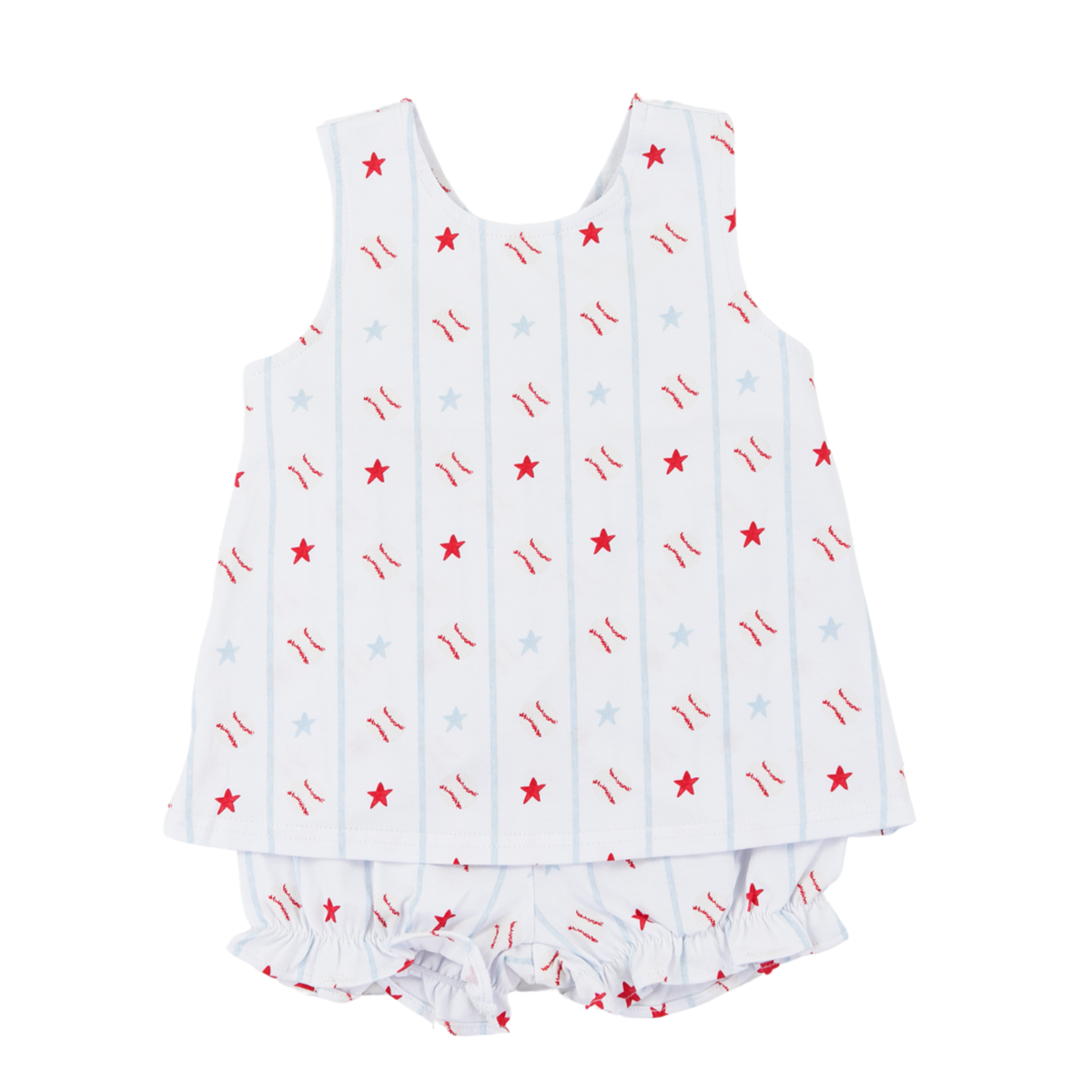 Baby girl baseball print crossback bloomer set red and light blue outfit.