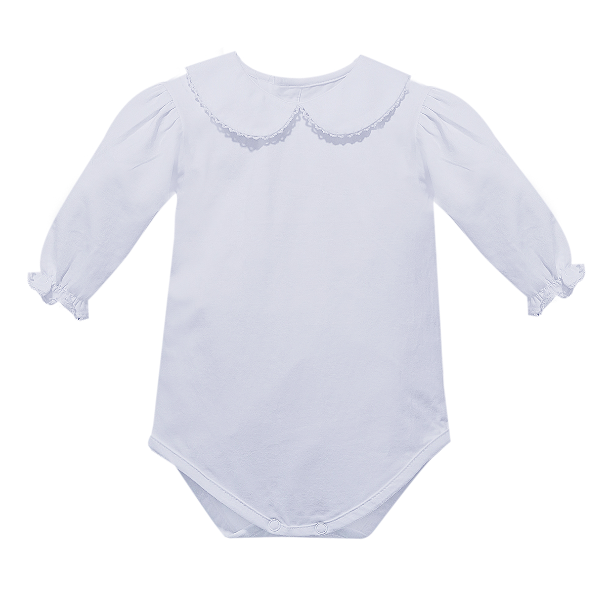 White baby girl bodysuit with long sleeves, a round collar, and picot trim