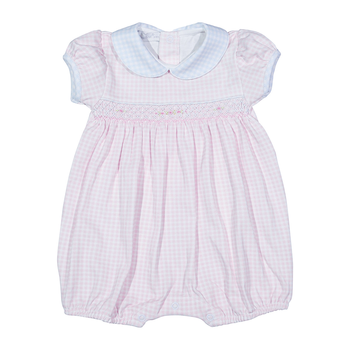 Pink check knit baby girl short sleeve romper with a blue gingham collar and smocking across the chest.