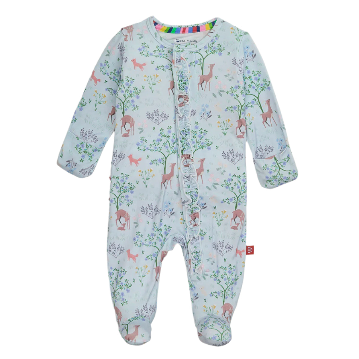 Baby onesie with animal and floral pattern on a light blue background