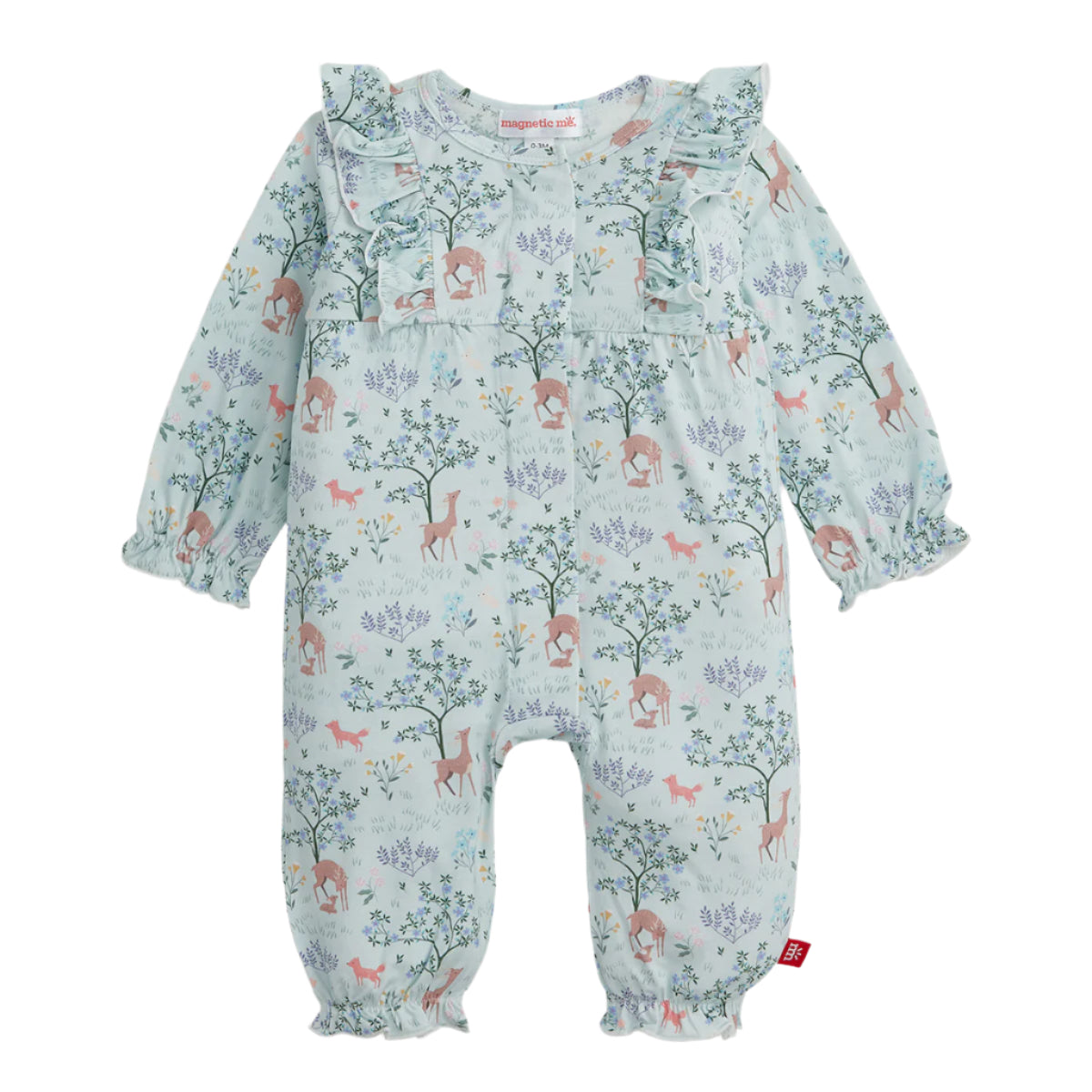 Baby onesie with deer and floral pattern on a light blue background