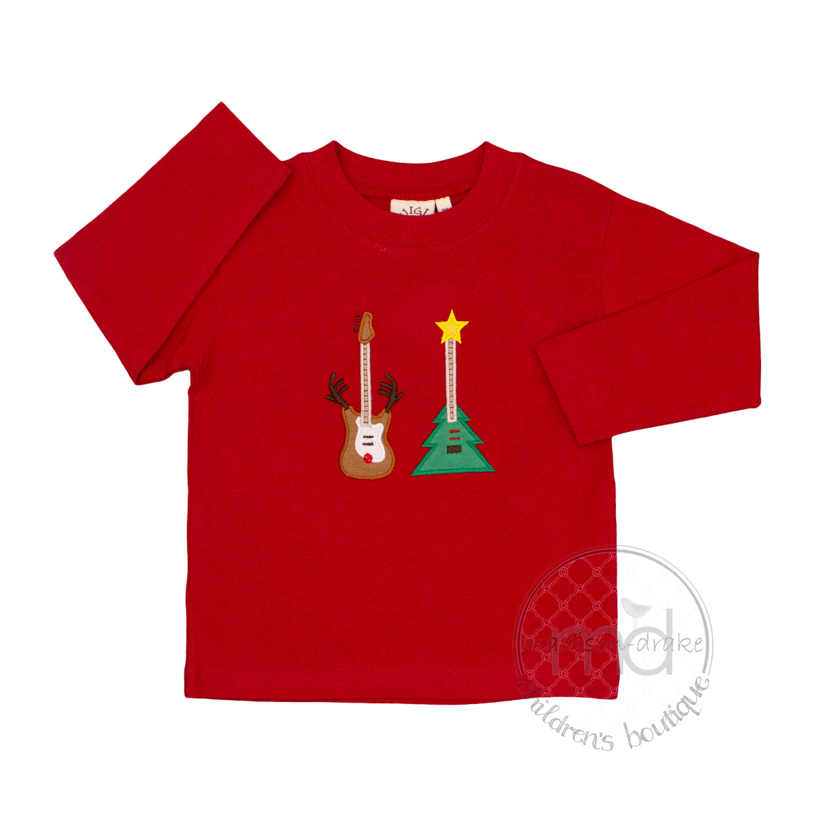 Luigi Boy's Appliqued Rocking Reindeer Christmas Tree Guitars Shirt
