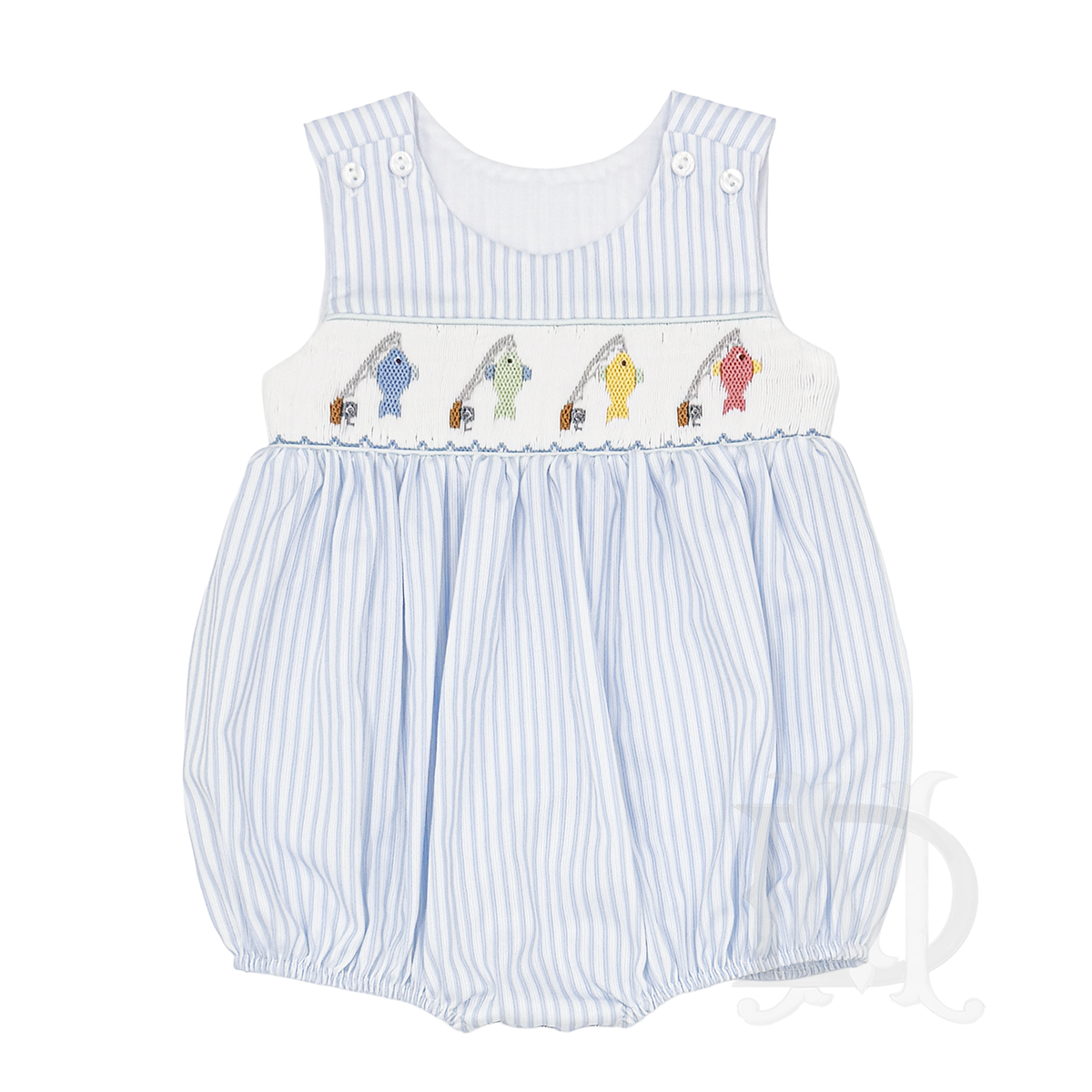 Baby boy blue stripe smocked fishing sleeveless bubble summer outfit.