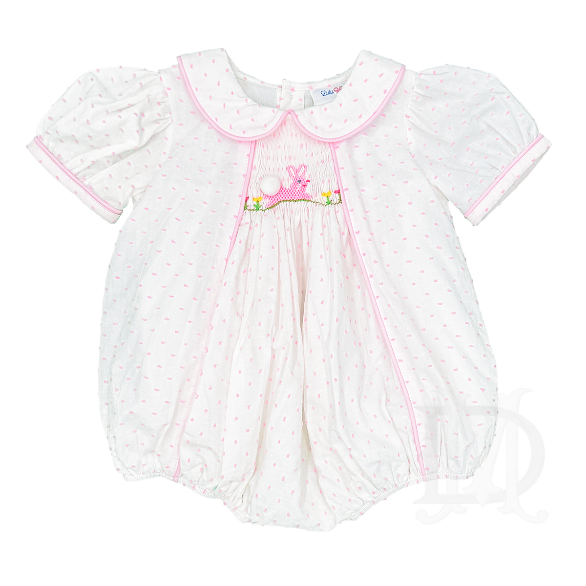 Baby girl's white Easter bubble with pink swiss dots and a pink bunny and flowers on the smocked chest