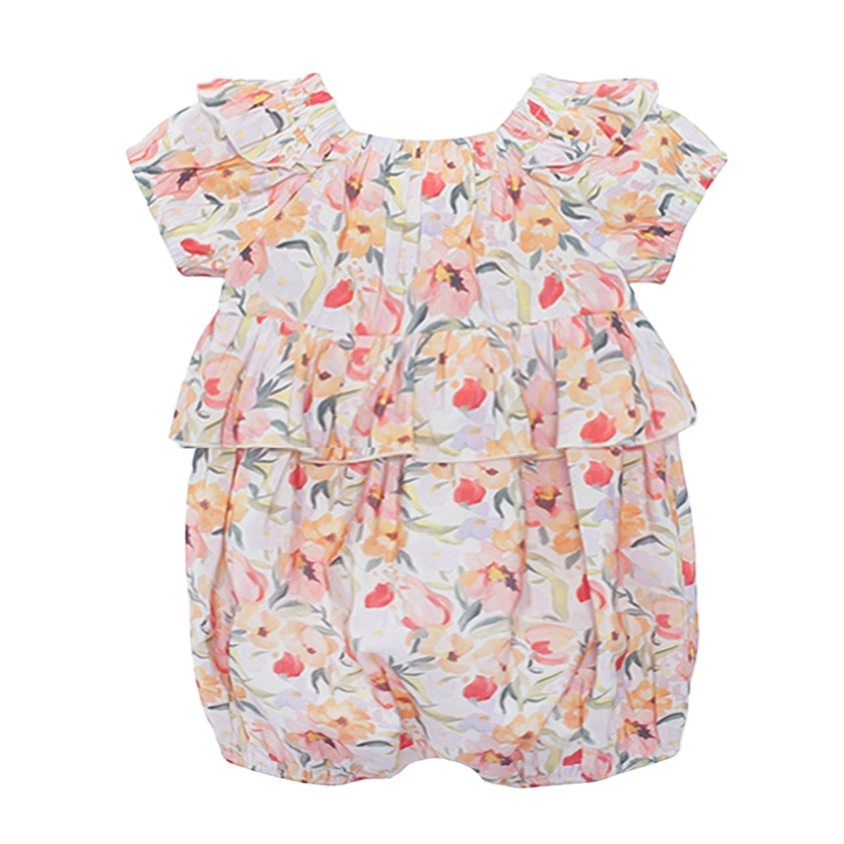 Floral baby girl bubble romper with ruffles and short sleeves.