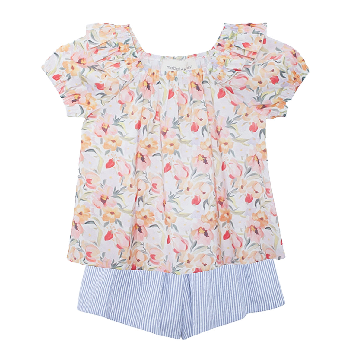 Floral girls top with a ruffle and short sleeves paired with a pair of blue striped shorts.