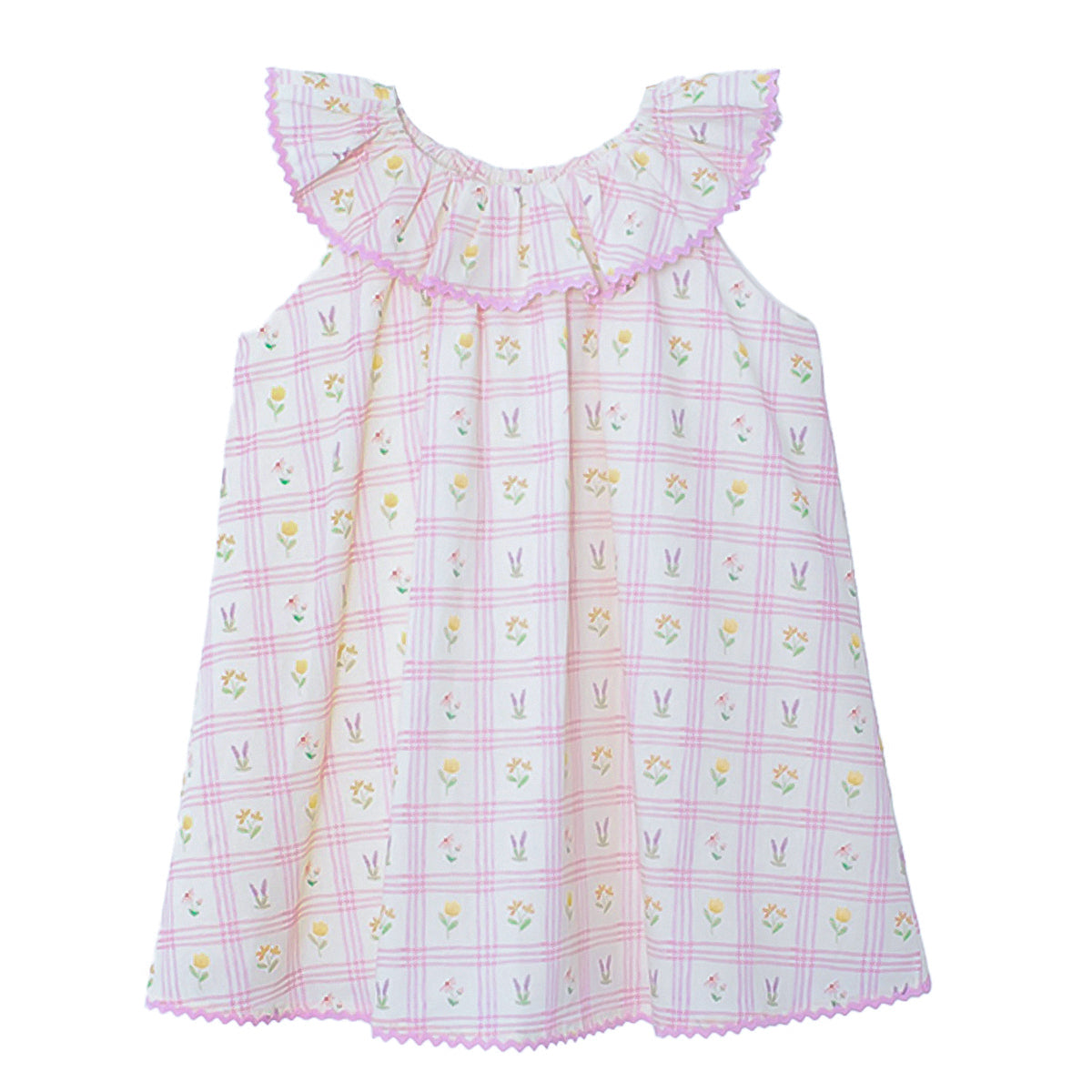 Pink floral windowpane plaid sleeveless girls dress with ricrac trim