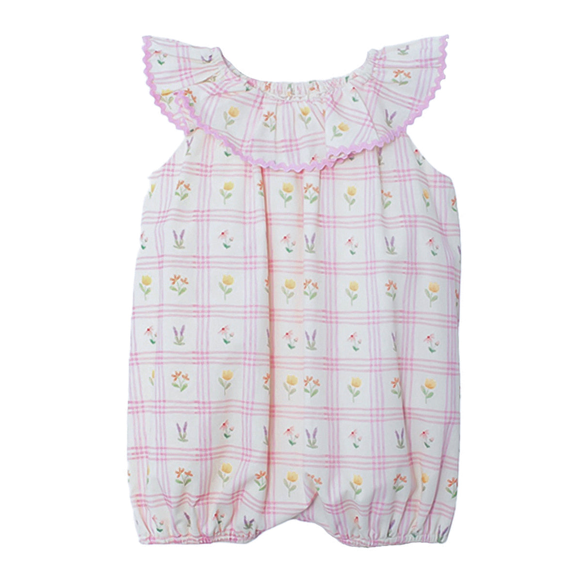 Pink floral windowpane baby bubble romper with ric-rac trim