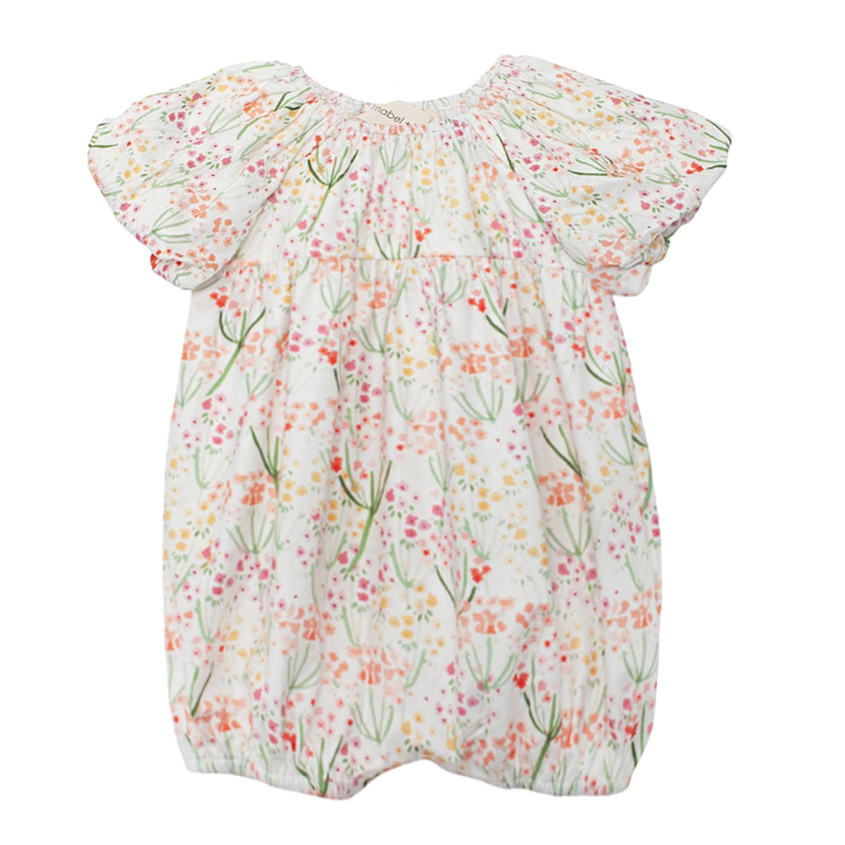 Baby girl floral knit romper with short puffed sleeves