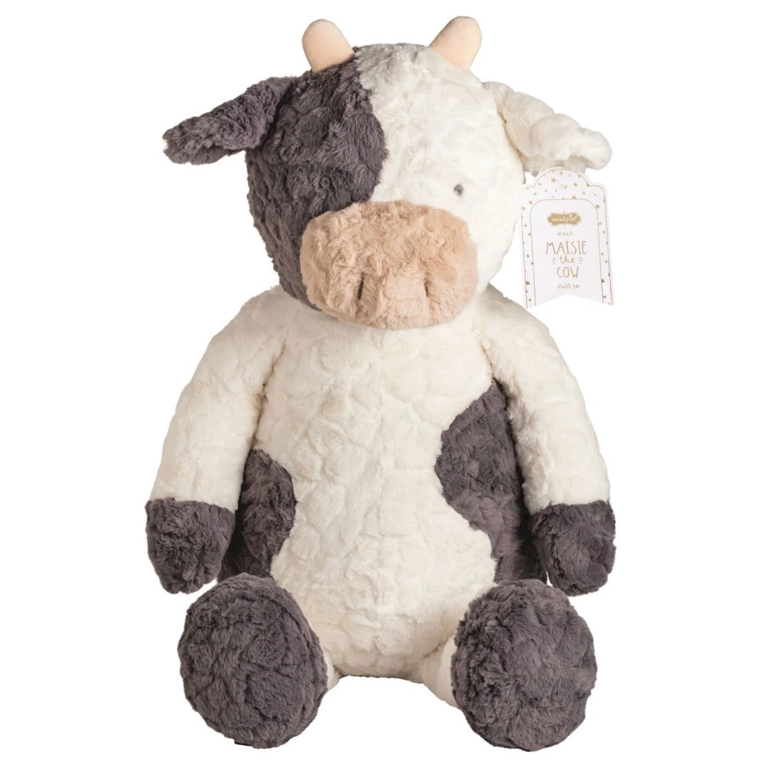 Maisie the Cow Jumbo Plush Pal with black and white faux fur.