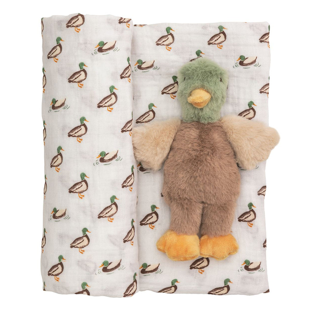 Plush toy mallard duck baby rattle with a duck patterned swaddle blanket