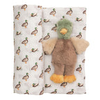 Plush toy mallard duck baby rattle with a duck patterned swaddle blanket