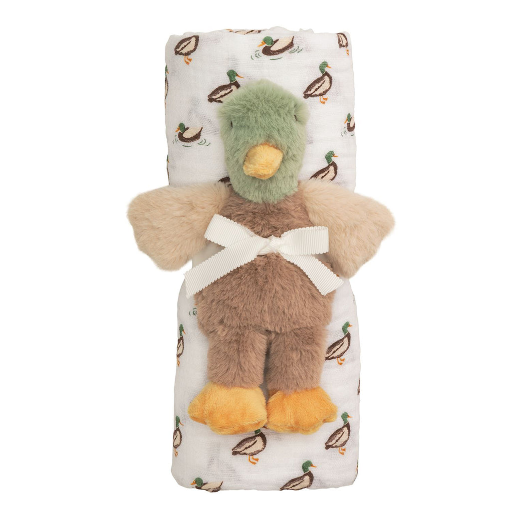 Plush toy mallard duck baby rattle with a duck patterned swaddle blanket tied with a ribbon