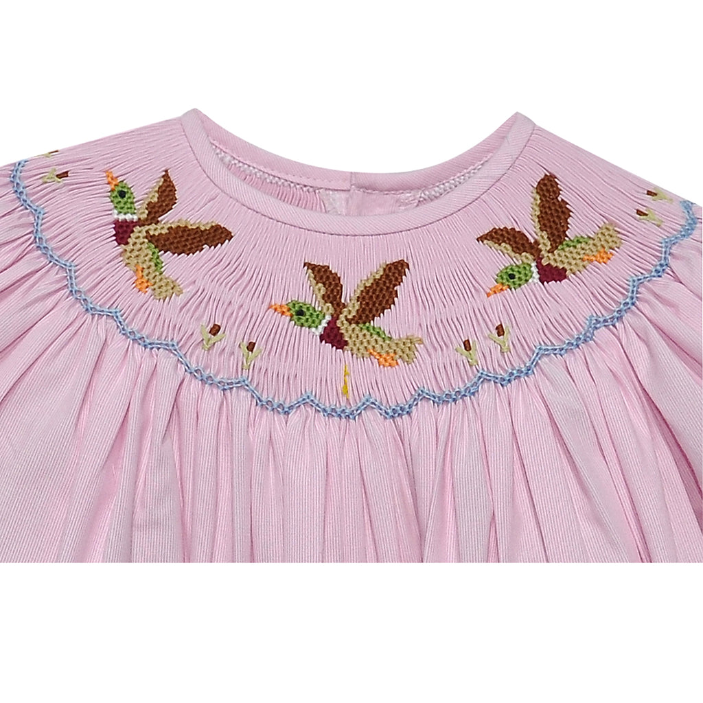 Mallards Smocked Pink Bloomer Set Close Up