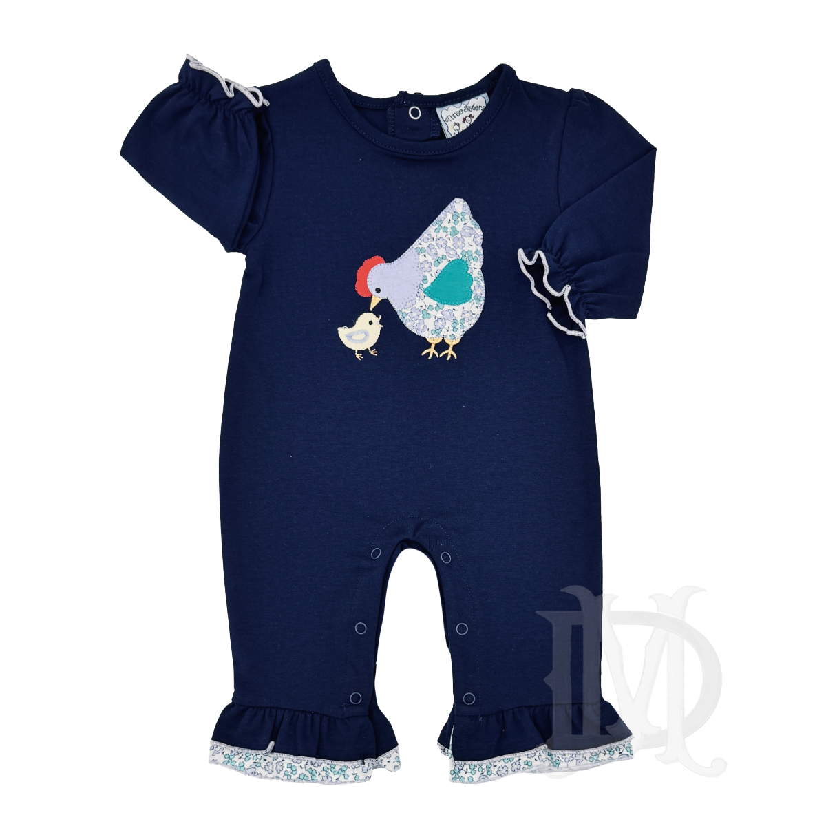 A navy blue baby girl romper with long sleeves, a ruffled hem, and a chicken applique.