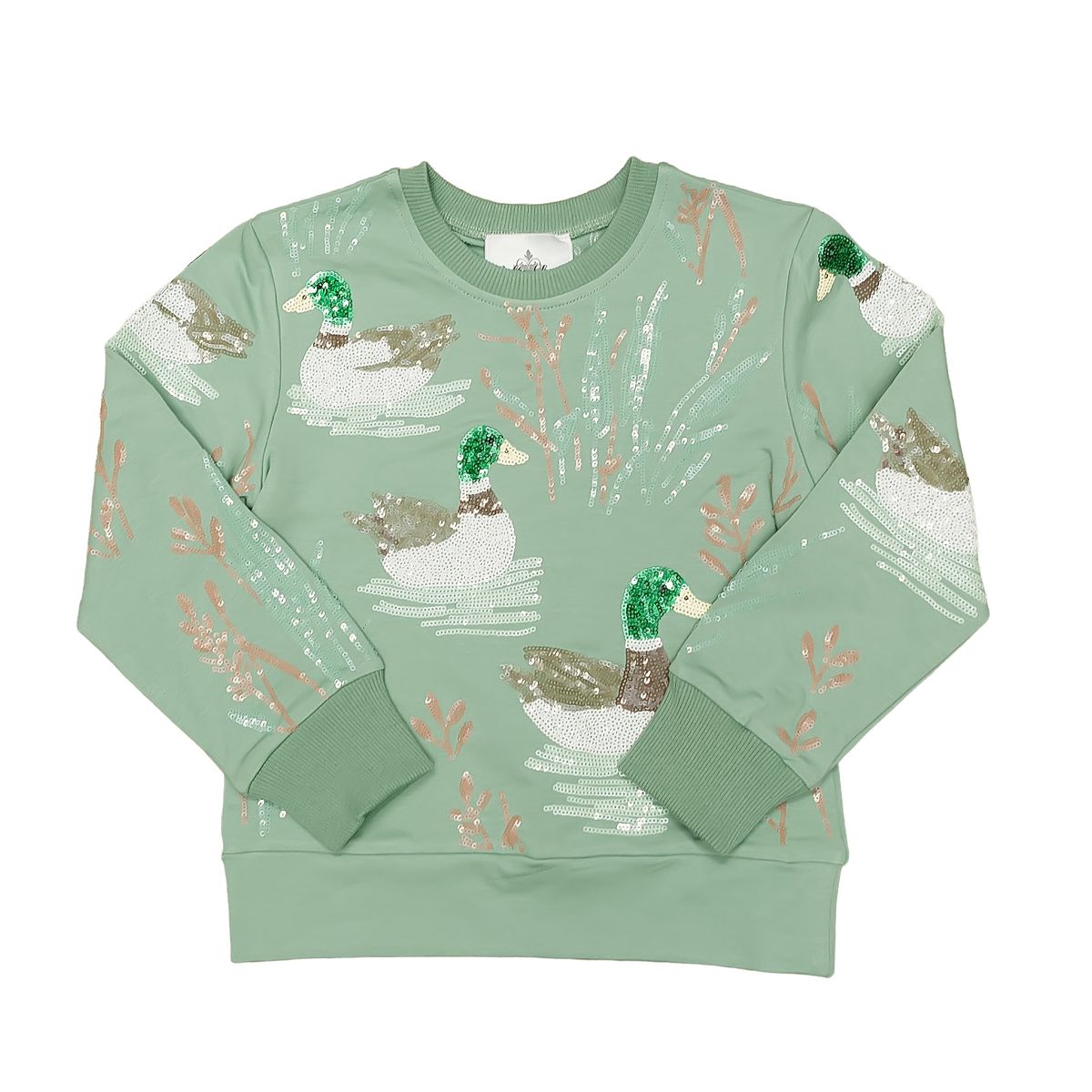 Sequined mallard ducks on a sage green long sleeve crew neck shirt.