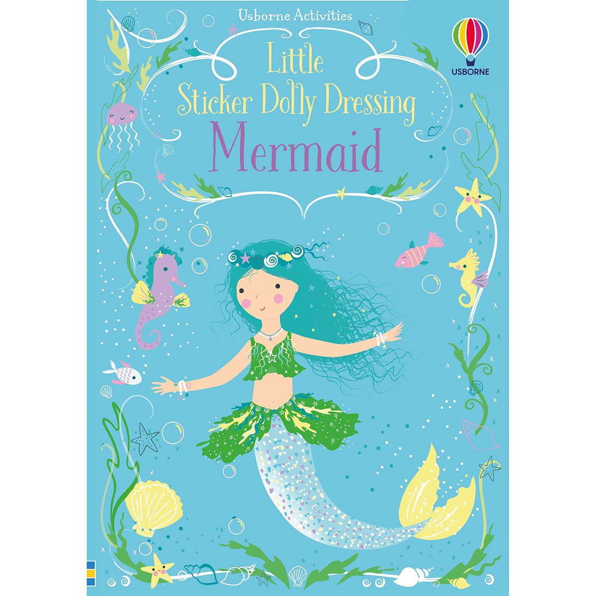 Book cover of 'Little Sticker Delly Dressing Mermaid' with a mermaid illustration on a blue background.