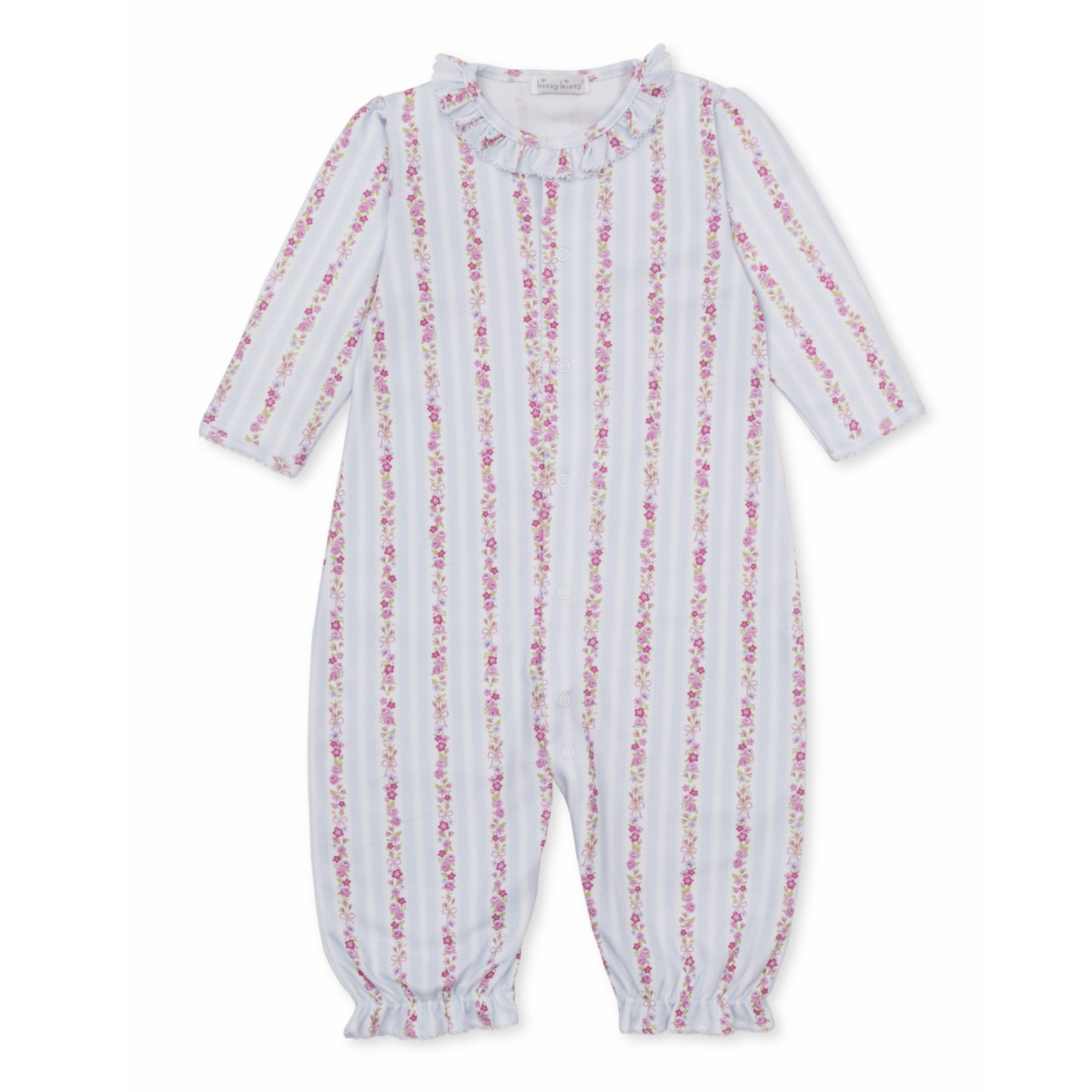 A baby girl long-sleeve converter gown playsuit with a Kissy Kissy brand label featuring light blue and white vertical stripes with pink floral and bow patterns and a ruffled collar.