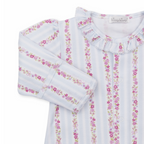 A baby girl long-sleeve converter gown closeup with a Kissy Kissy brand label featuring light blue and white vertical stripes with pink floral and bow patterns and a ruffled collar.