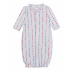 A baby girl converter gown with a Kissy Kissy brand label featuring light blue and white vertical stripes with pink floral and bow patterns and a ruffled collar.