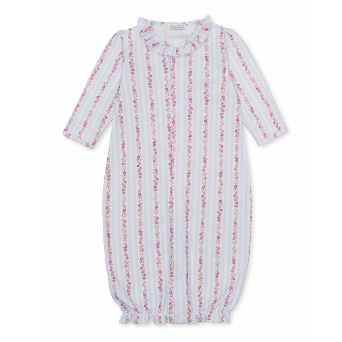 A baby girl converter gown with a Kissy Kissy brand label featuring light blue and white vertical stripes with pink floral and bow patterns and a ruffled collar.