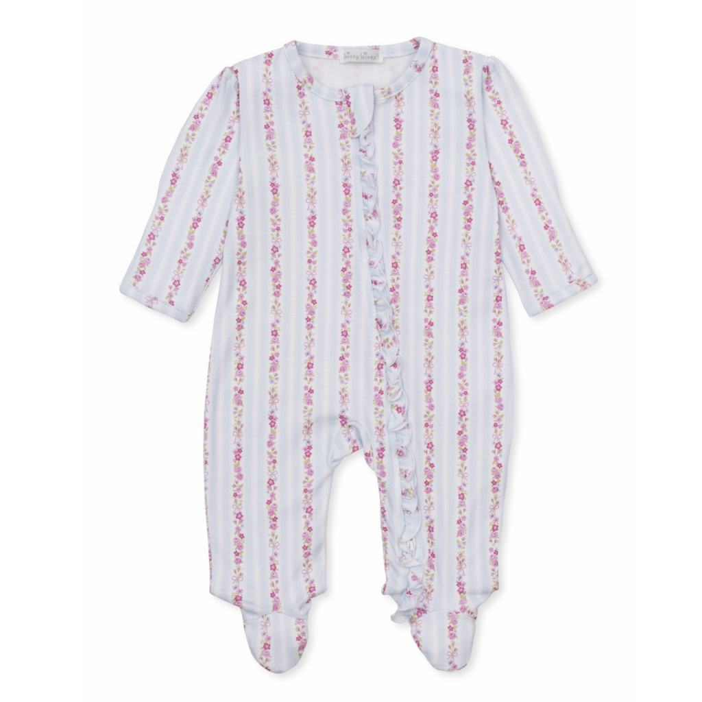 A baby girl footie sleeper with a Kissy Kissy brand label featuring light blue and white vertical stripes with pink floral and bow patterns and a ruffled zipper down the front.